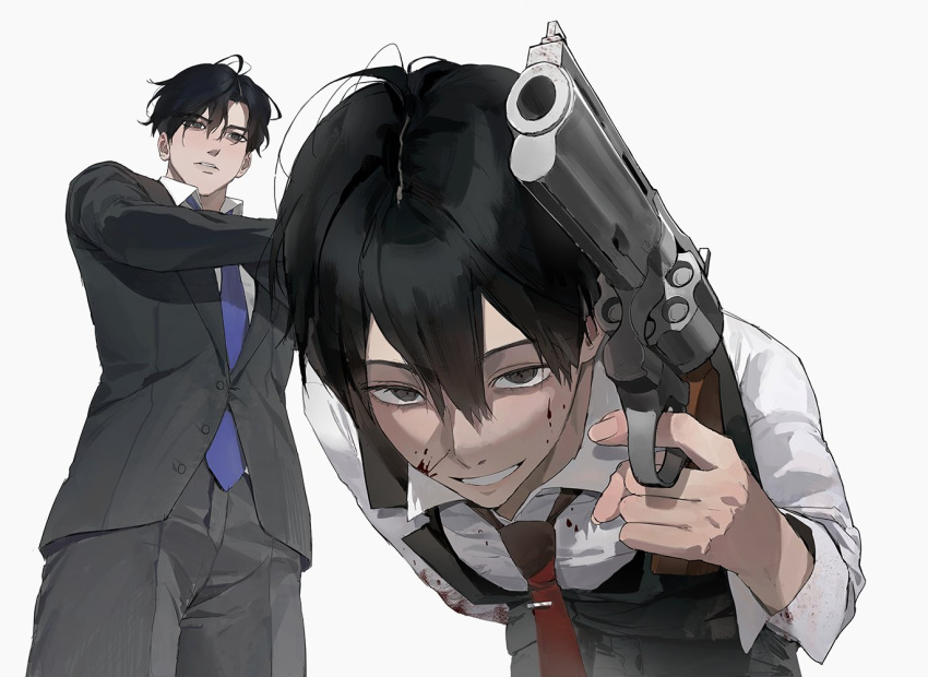 2boys aiming_at_viewer arm_behind_back bent_over black_eyes blood blood_on_clothes blood_on_face blue_necktie collared_shirt crossed_arms evil_grin evil_smile formal grin gun hair_between_eyes holding holding_gun holding_weapon huh_1222 kim_dokja korean_commentary looking_at_another looking_at_viewer male_focus multiple_boys necktie omniscient_reader's_viewpoint parted_lips revolver shirt short_hair sleeves_rolled_up smile suit vest_over_shirt weapon white_background yoo_joonghyuk