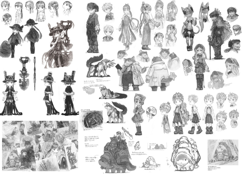 4boys 4girls absurdres animal_ears bare_shoulders breasts cleavage collarbone furry furry_female glasses goggles goggles_around_neck greyscale hat helmet highres long_hair looking_at_viewer made_in_abyss medium_breasts monochrome multiple_boys multiple_girls navel original parted_lips pointy_ears smile tagme tail tsukushi_akihito twintails whiskers