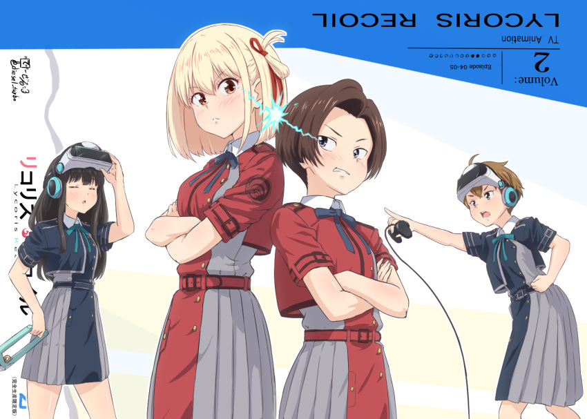 4girls back-to-back bangs black_hair blonde_hair blue_dress bob_cut brown_hair commentary_request controller cowboy_shot diesel-turbo dress game_controller grey_dress grey_eyes hair_ribbon harukawa_fuki head-mounted_display height_difference inoue_takina long_hair lycoris_recoil lycoris_uniform multiple_girls nishikigi_chisato otome_sakura pleated_dress red_dress red_eyes red_ribbon ribbon short_hair short_sleeves summer_uniform two-tone_dress