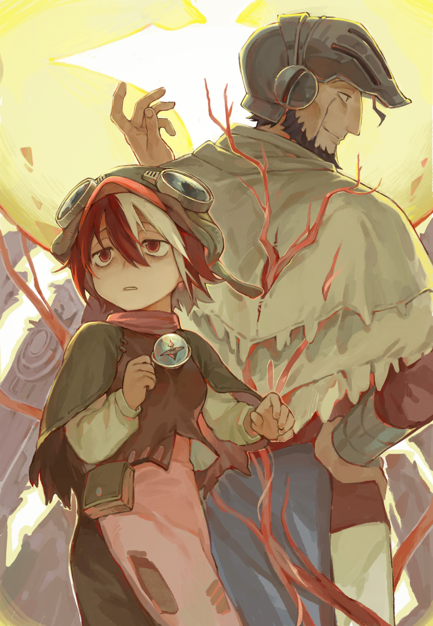 1boy 1girl absurdres back-to-back bangs beard brown_dress brown_eyes capelet cowboy_shot dress facial_hair facial_mark from_side green_capelet green_headwear hair_between_eyes hand_on_hip hand_up height_difference helmet highres long_sleeves looking_afar looking_ahead made_in_abyss multicolored_hair parted_lips pouch profile red_eyes red_hair sansanpai short_hair smile standing two-tone_hair veko wazukyan_(human) white_hair
