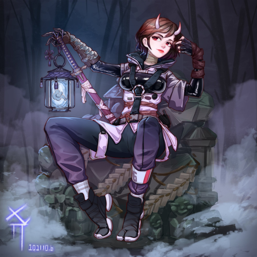 1girl alternate_race bangs black_bodysuit black_footwear black_gloves black_pants bodysuit breasts chinese_commentary dated fingerless_gloves gloves hair_behind_ear hand_on_hilt head_tilt hibana_(rainbow_six_siege) highres horns jacket katana lantern medium_breasts oni oni_horns pants purple_jacket rainbow_six_siege rangoz red_eyes sheath sheathed short_hair single_fingerless_glove smile smoke solo sword weapon