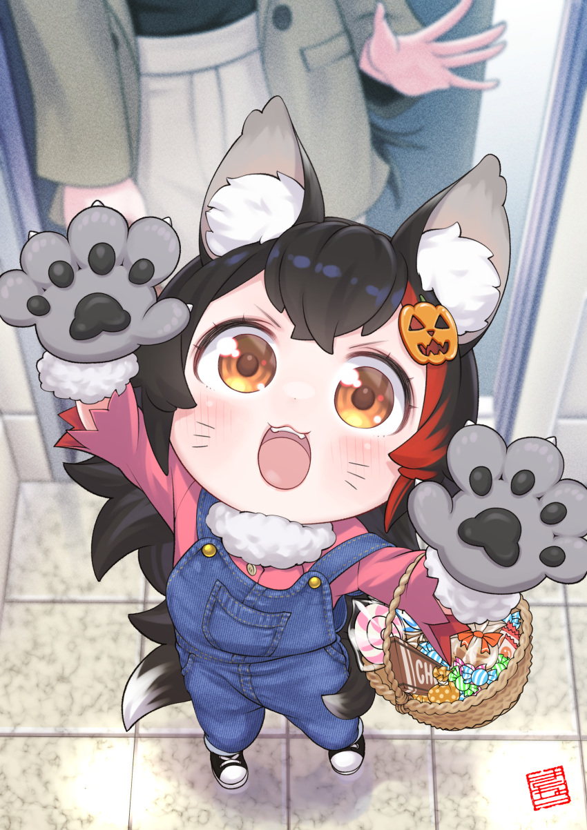 1girl :3 :d absurdres aged_down alternate_costume animal_ear_fluff animal_ears animal_hands black_hair blush commentary_request denim fake_whiskers fangs flipped_hair from_above gloves hair_ornament halloween halloween_bucket highres hololive jack-o'-lantern jack-o'-lantern_hair_ornament kineko9218 long_hair looking_at_viewer multicolored_hair ookami_mio open_mouth overalls paw_gloves red_hair red_skirt skirt smile solo_focus spiked_hair streaked_hair v-shaped_eyebrows very_long_hair virtual_youtuber wolf_ears wolf_girl yellow_eyes