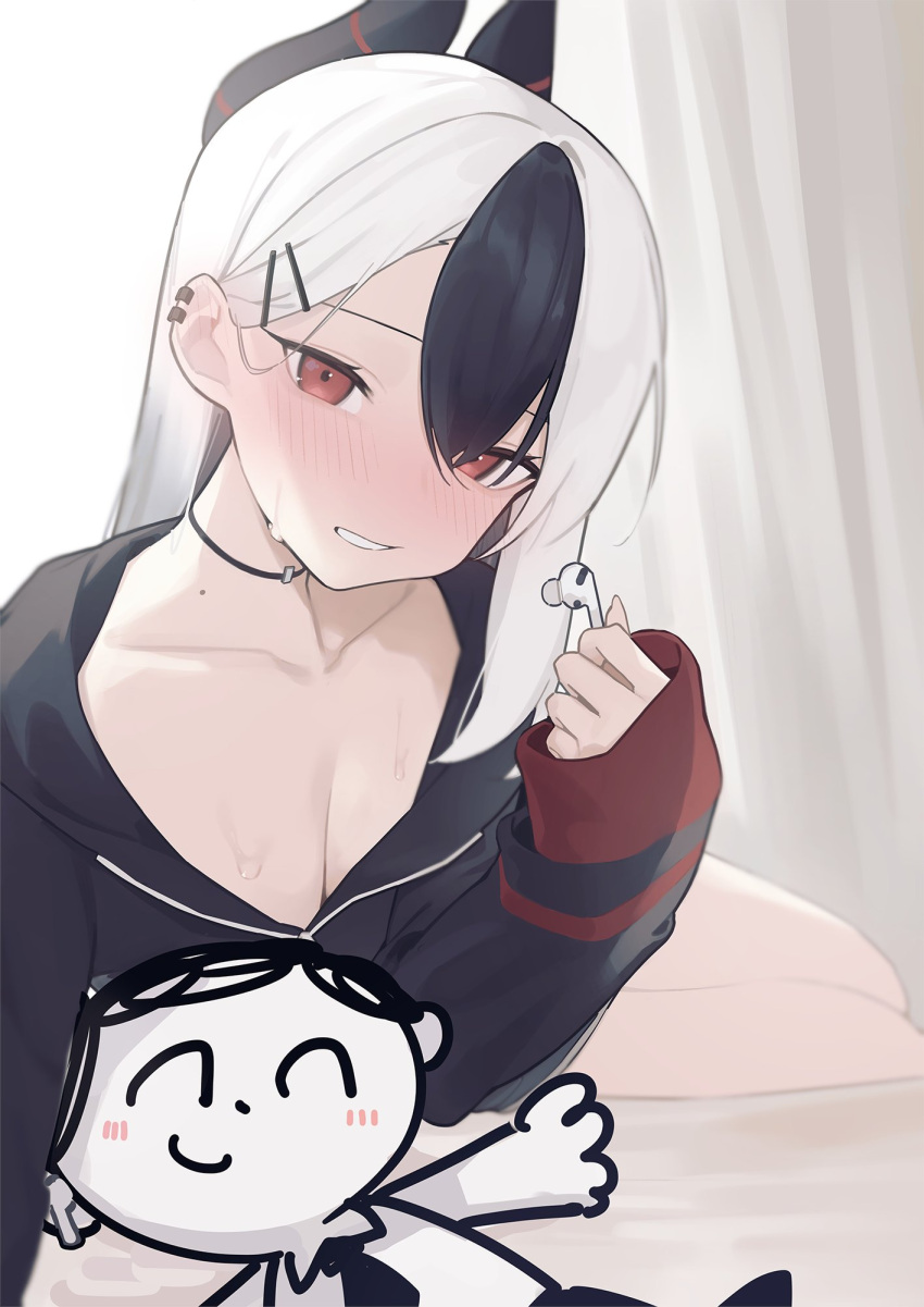 1boy 1girl bangs black_hair black_hoodie blue_archive blush breasts choker cleavage collarbone commentary ear_bar fataaa highres hood hoodie indoors kayoko_(blue_archive) long_hair long_sleeves looking_at_viewer mole multicolored_hair on_bed red_eyes sensei_(blue_archive) sharing small_breasts smile sweat symbol-only_commentary two-tone_hair white_hair wireless_earphones