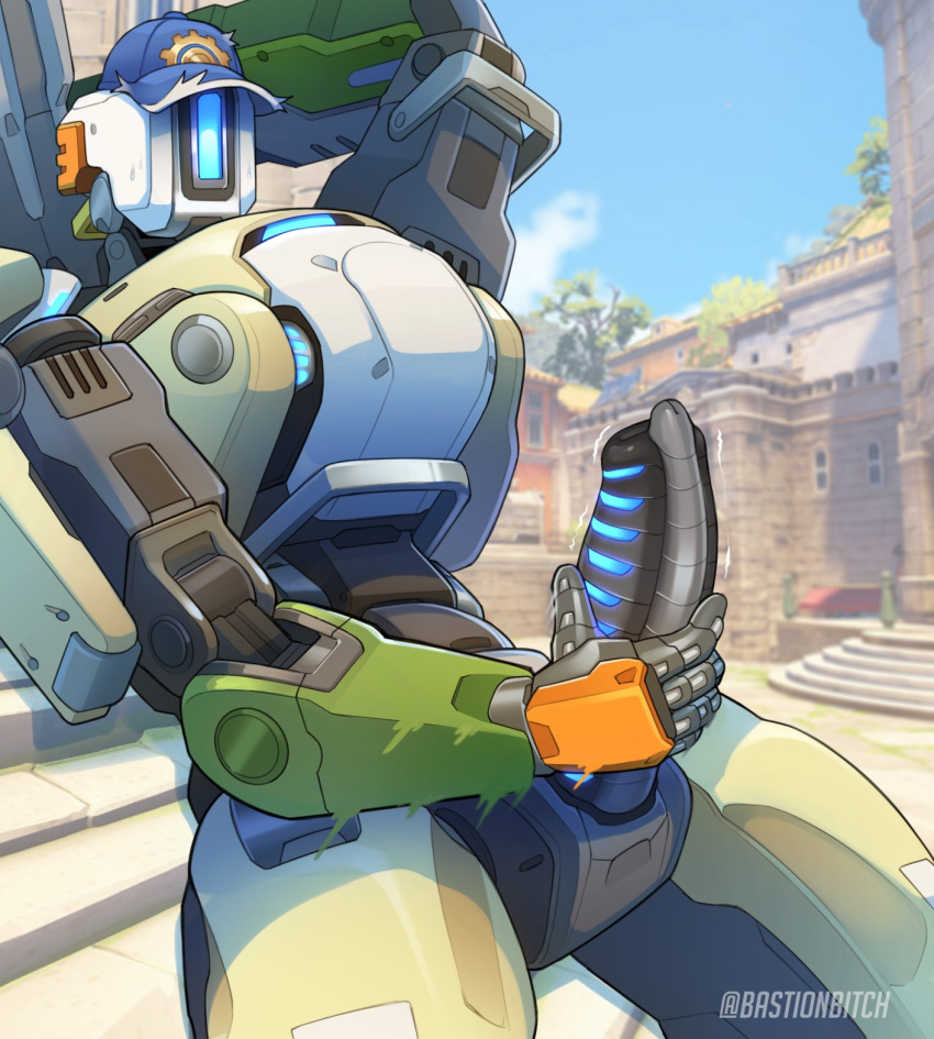 baseball_cap bastion_(overwatch) blizzard_entertainment clothing detailed_background genitals glowing glowing_genitalia glowing_penis gun hat headgear headwear hi_res humanoid machine male metallic_body no_ears not_furry overwatch penis qwertydragon ranged_weapon robot solo video_games weapon