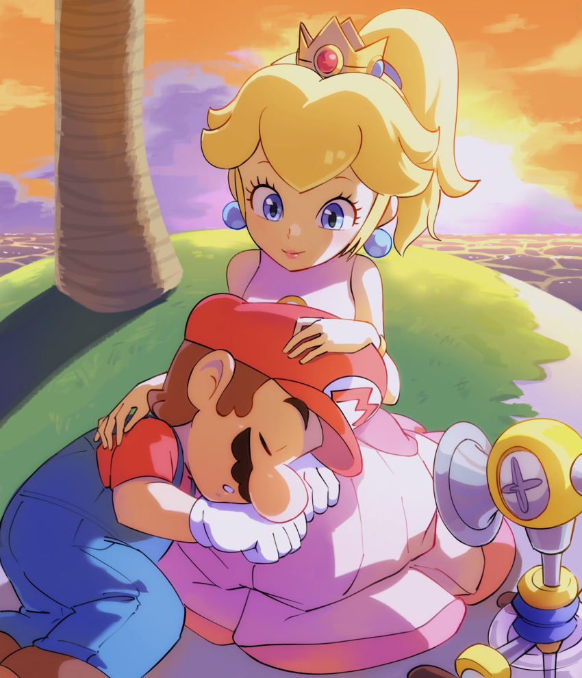 1boy 1girl big_nose blonde_hair blue_eyes crown earrings facial_hair gloves hat highres jewelry long_hair mario mario_(series) mustache nintendo official_style on_grass overalls plumber princess_peach shirt sleeping sleeping_on_person smile super_mario_sunshine white_gloves ya_mari_6363