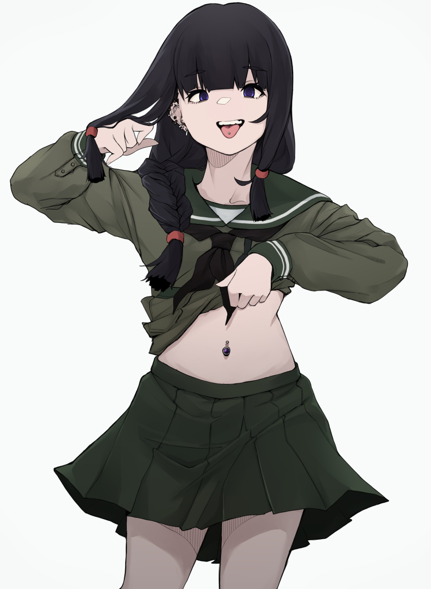 1girl absurdres bangs black_hair blunt_bangs braid clothes_lift cowboy_shot daigaku_jitome green_sailor_collar green_serafuku green_shirt green_skirt hair_over_shoulder hair_ribbon highres kantai_collection kitakami_(kancolle) long_hair looking_at_viewer navel navel_piercing piercing pleated_skirt ribbon sailor_collar school_uniform serafuku shirt shirt_lift sidelocks single_braid skirt solo tongue tongue_out tress_ribbon white_background