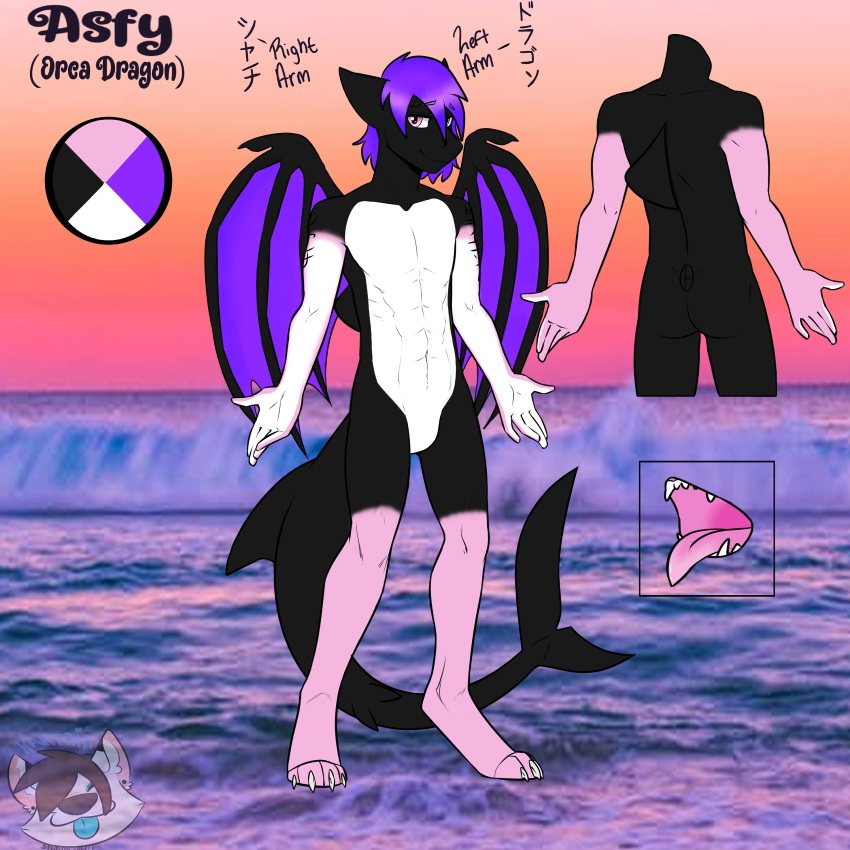 absurd_res black_body hair hi_res humanoid hybrid male pink_body pink_eyes purple_hair scales white_body wings