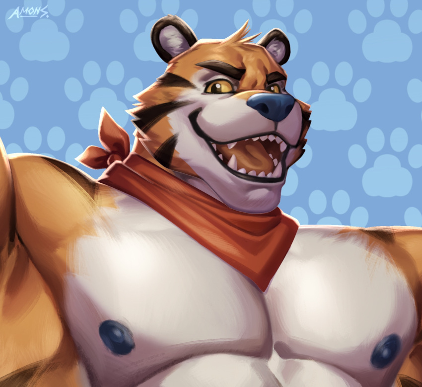 amon-sydonai anthro black_lips bust_portrait fangs felid frosted_flakes fur hi_res kellogg's lips male mammal mascot muscular muscular_anthro muscular_male neckerchief nipples open_mouth orange_body orange_fur pantherine pecs portrait sharp_teeth solo stripes teeth tiger tony_the_tiger yellow_sclera