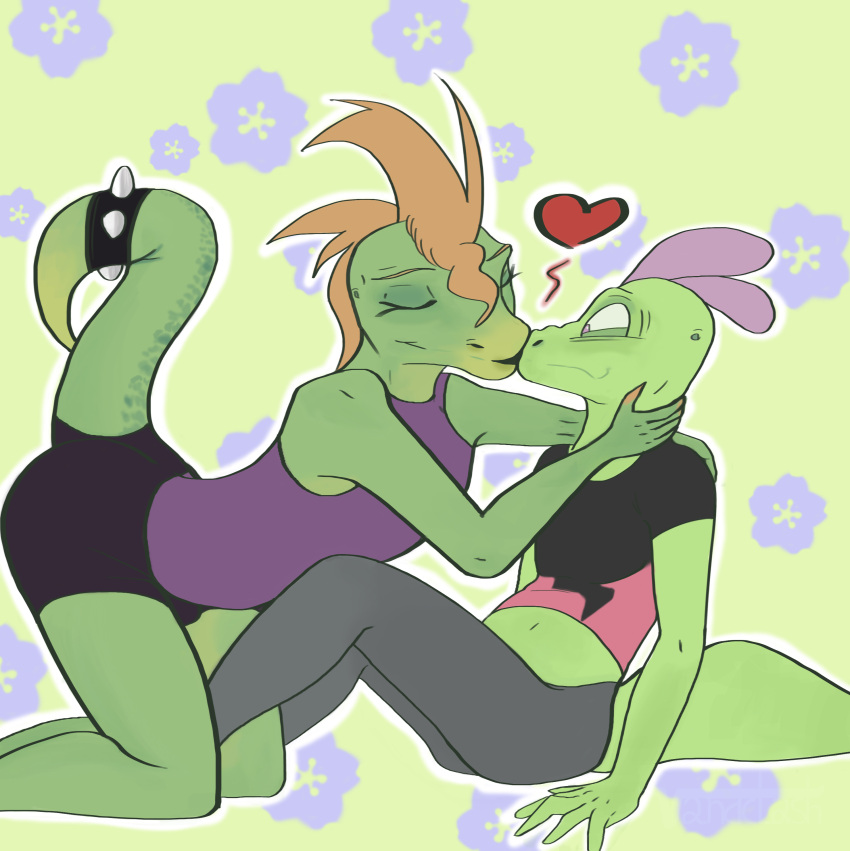 &lt;3 2022 absurd_res anthro belly bottomwear clothing digital_media_(artwork) green_body hi_res jamearts jimmy_(jamearts) kiss_on_lips kissing lgbt_pride lizard love male male/male navel reptile rico_useref romantic romantic_couple scalie shirt shorts sitting spikes t-shirt tank_top topwear