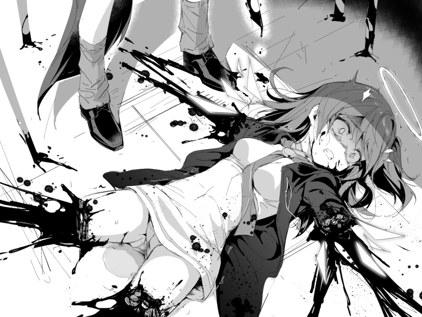 1girl amputee arknights blood breasts clenched_teeth crying crying_with_eyes_open detached_wings dismemberment dress energy_wings exusiai_(arknights) guro halo jacket kataokasan long_hair medium_breasts necktie open_clothes open_jacket panties pantyshot quadruple_amputee ryona solo_focus tears teeth underwear wings