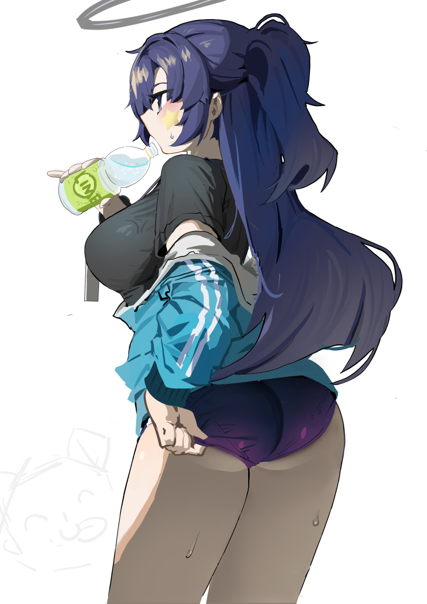 1girl absurdres ass ass_focus black_skirt bloomers blue_archive blue_eyes blue_hair blue_jacket blush bottle breasts drink halo highres holding huge_ass jacket large_breasts long_hair mitsuki3s_kir sideboob skirt star_(symbol) sweat tattoo thick_thighs thighs underwear yuuka_(blue_archive) yuuka_(gym_uniform)_(blue_archive)