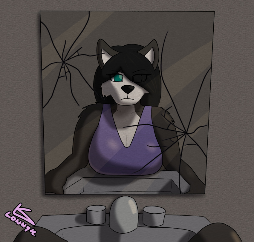 anthro bathroom bathroom_sink big_breasts breast_rest breasts broken_mirror canid canine canis cleavage clothed clothing domestic_dog female first_person_view hi_res huge_breasts husky lonnyk looking_at_mirror looking_at_object mammal mirror nordic_sled_dog solo spitz
