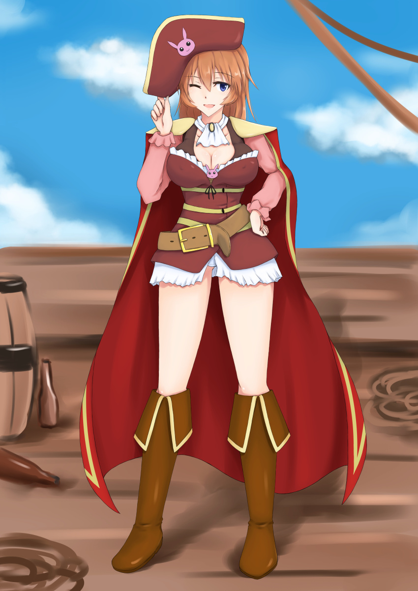 1girl absurdres alternate_costume ass_visible_through_thighs barrel blue_eyes blue_sky boots bottle breasts brown_footwear cape charlotte_e._yeager cleavage cleavage_cutout clothing_cutout cloud covered_nipples frilled_sleeves frills hair_between_eyes hand_on_headwear hand_on_hip highres isosceles_triangle_(xyzxyzxyz) knee_boots large_breasts long_hair orange_hair panties pirate red_cape rope sailing_ship sidelocks sky solo strike_witches underwear white_panties world_witches_series