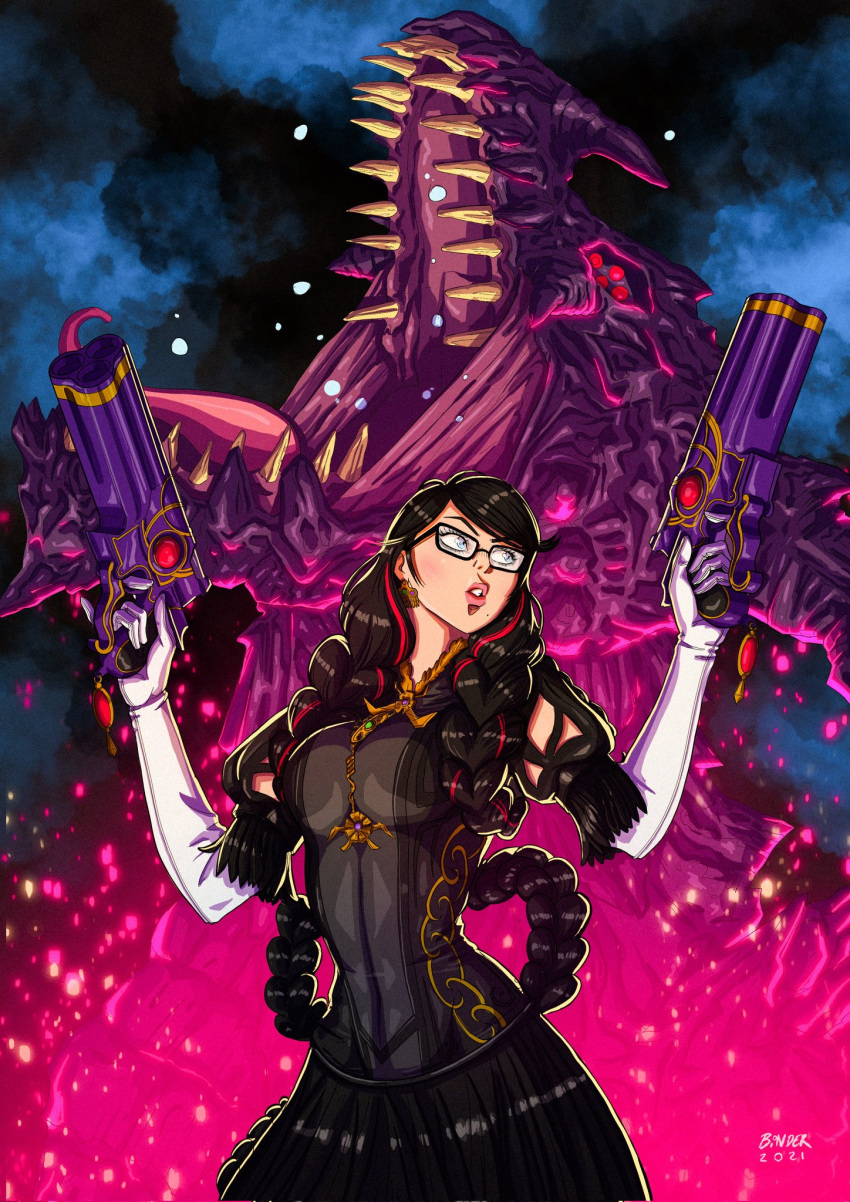 1girl 2021 bayonetta bayonetta_(series) bayonetta_3 bernhard_binder black_hair black_skirt blue_eyes braid clenched_teeth dual_wielding earrings elbow_gloves eyeshadow glasses gloves gun highres holding jewelry lipstick long_hair makeup mole mole_under_mouth monster multicolored_hair parted_lips pink_lips red_hair signature skirt solo streaked_hair teeth twin_braids two-tone_hair upper_body very_long_hair weapon white_gloves