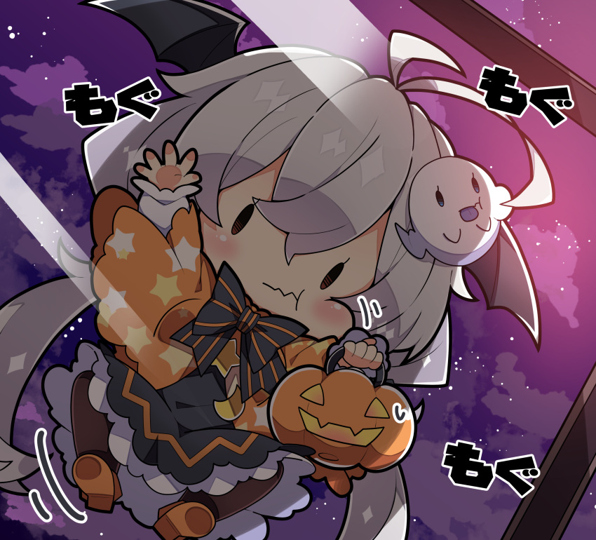 1girl :t absurdres antenna_hair bangs bat_wings black_bow black_dress black_wings blush bow brown_eyes brown_pantyhose capelet chibi closed_mouth cloud commentary_request dress ghost_hair_ornament grey_hair hair_between_eyes halloween head_wings highres holding jack-o'-lantern kizuna_akari long_hair looking_at_viewer low_twintails milkpanda night night_sky orange_capelet orange_footwear pantyhose print_capelet puffy_cheeks shoe_soles shoes sky solid_oval_eyes solo star_(symbol) star_print striped striped_bow twintails very_long_hair voiceroid wavy_mouth wings