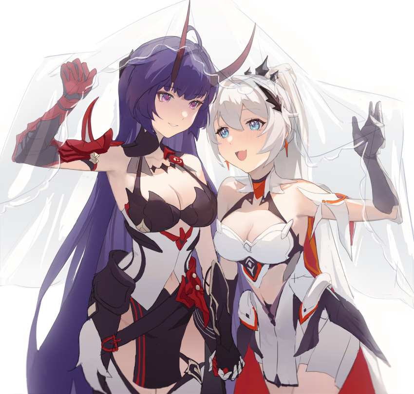 2girls armpits blue_eyes blush breasts bridal_veil cleavage dress gauntlets hetare_mizu highres holding_hands honkai_(series) honkai_impact_3rd horns implied_yuri kiana_kaslana kiana_kaslana_(herrscher_of_flamescion) large_breasts long_hair looking_at_another medium_breasts midriff midriff_peek multiple_girls open_mouth ponytail purple_eyes purple_hair raiden_mei raiden_mei_(herrscher_of_thunder) smile tiara veil white_dress white_hair yuri