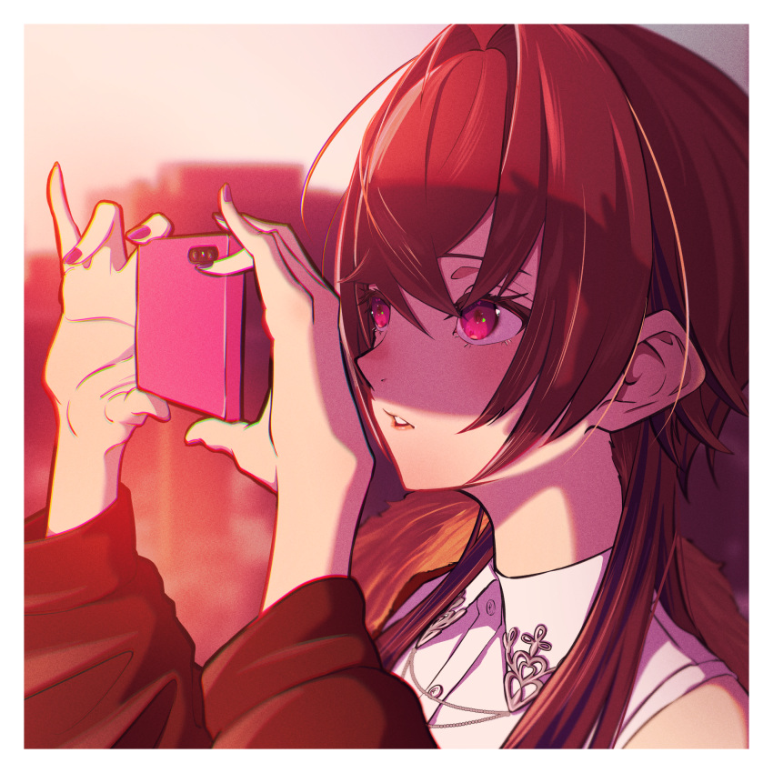 1girl bangs black_hair black_jacket border cellphone commentary_request fingernails hair_intakes highres holding holding_phone ichinose_uruha jacket jacket_partially_removed lips long_hair long_sleeves looking_away lupinus_virtual_games nail_polish parted_lips phone pink_nails portrait purple_eyes shirt sleeveless sleeveless_shirt smartphone solo sunlight t4tam1 teeth virtual_youtuber vspo! white_border white_shirt