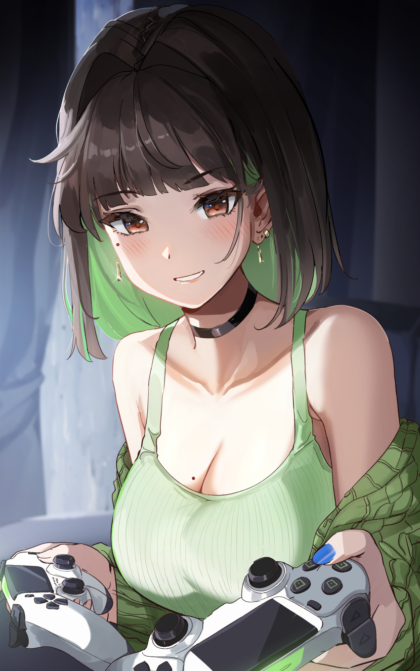 1girl absurdres bangs black_choker black_hair blush breasts brown_hair choker cleavage collarbone colored_inner_hair controller ear_piercing earrings english_commentary game_controller green_hair green_sweater green_tank_top grin highres holding holding_controller holding_game_controller jewelry large_breasts long_hair looking_at_viewer medium_hair miru_(ormille) mole mole_on_breast mole_under_eye multicolored_hair nail_polish original ormille piercing smile solo sweater tank_top teeth two-tone_hair upper_body