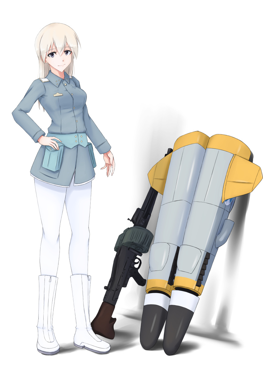 1girl absurdres blonde_hair blue_jacket boots breasts buttons eila_ilmatar_juutilainen gun hand_on_hip highres isosceles_triangle_(xyzxyzxyz) jacket knee_boots leggings long_hair looking_at_viewer machine_gun medium_breasts mg34 purple_eyes smile solo standing strike_witches striker_unit weapon white_background white_footwear white_leggings world_witches_series