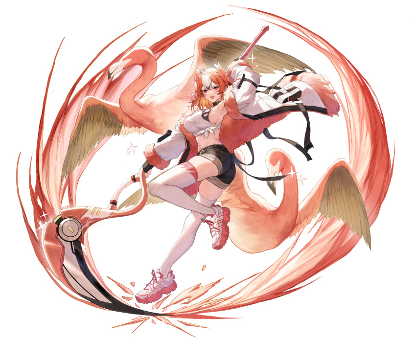 1girl :d absurdres animal_ears arknights bird bird_ears black_hair black_shorts blush breasts elite_ii_(arknights) flamingo flamingo_(molyb) full_body fur-trimmed_jacket fur_trim hair_between_eyes highres holding holding_scythe holding_weapon jacket large_breasts long_sleeves looking_at_viewer midriff molyb multicolored_hair navel open_clothes open_jacket open_mouth orange_hair original parody red_eyes scythe shirt shoes short_hair shorts sideboob simple_background smile sneakers solo thighhighs tied_shirt two-sided_fabric two-sided_jacket weapon white_background white_footwear white_hair white_jacket white_shirt white_thighhighs