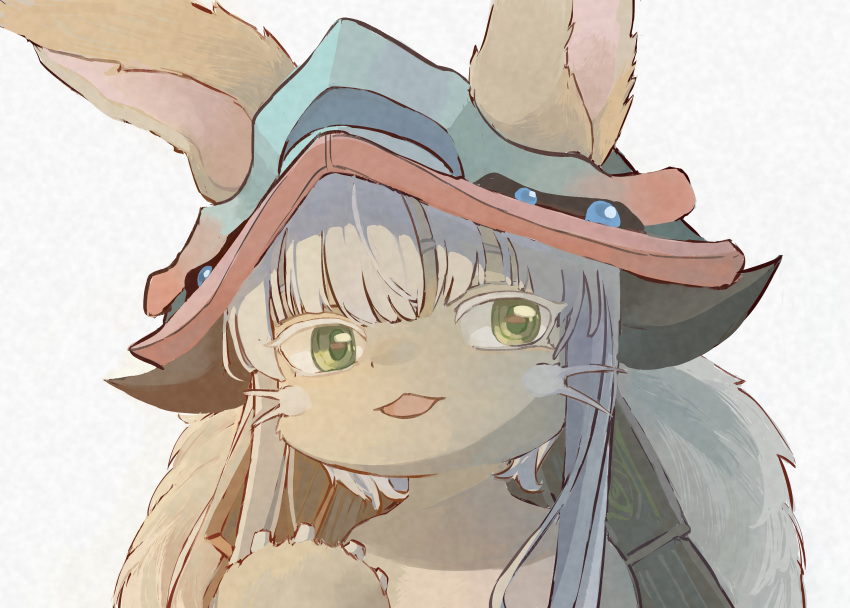 1other absurdres animal_ears brown_fur cindy717 ears_through_headwear green_eyes highres looking_at_viewer made_in_abyss nanachi_(made_in_abyss) open_mouth simple_background solo tagme upper_body whiskers white_background white_hair