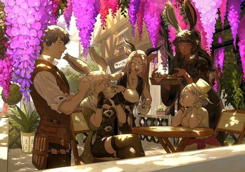 1boy 4girls :d :o absurdres animal_ears au_ra avatar_(ff14) bangs basket black_gloves black_shirt blue_eyes bow bracelet braid branch breasts brown_hair brown_kimono brown_pants brown_shorts brown_vest building cat_ears chair chinese_commentary cleavage closed_eyes collarbone collared_shirt colored_eyelashes commentary_request corset covered_mouth crossed_legs cup dappled_sunlight day dragon_horns dress drinking earrings elbow_rest elbows_on_table facial_mark fangs feathers final_fantasy final_fantasy_xiv fingerless_gloves flower food forehead_mark from_side fur-trimmed_jacket fur_trim gloves green_eyes green_jacket green_thighhighs hair_ornament hanging_plant hat hat_bow head_rest highres holding holding_basket holding_cup holding_teapot horns hyur jacket japanese_clothes jewelry kimono leaf long_hair long_sleeves looking_at_another miqo'te mole mole_under_eye multiple_girls necklace on_chair open_mouth outdoors pants picnic_basket pink_eyes plant ponytail potted_plant pouring purple_eyes purple_flower purple_hair rabbit_ears sandwich scales scenery shirt shorts side_braid single_braid single_earring sitting sleeveless sleeveless_shirt smile standing straight_hair sunlight swept_bangs table tassel tea_set teacup teapot thighhighs tilted_headwear top_hat vest viera white_hair white_shirt wide_sleeves www_planet yellow_dress yellow_headwear