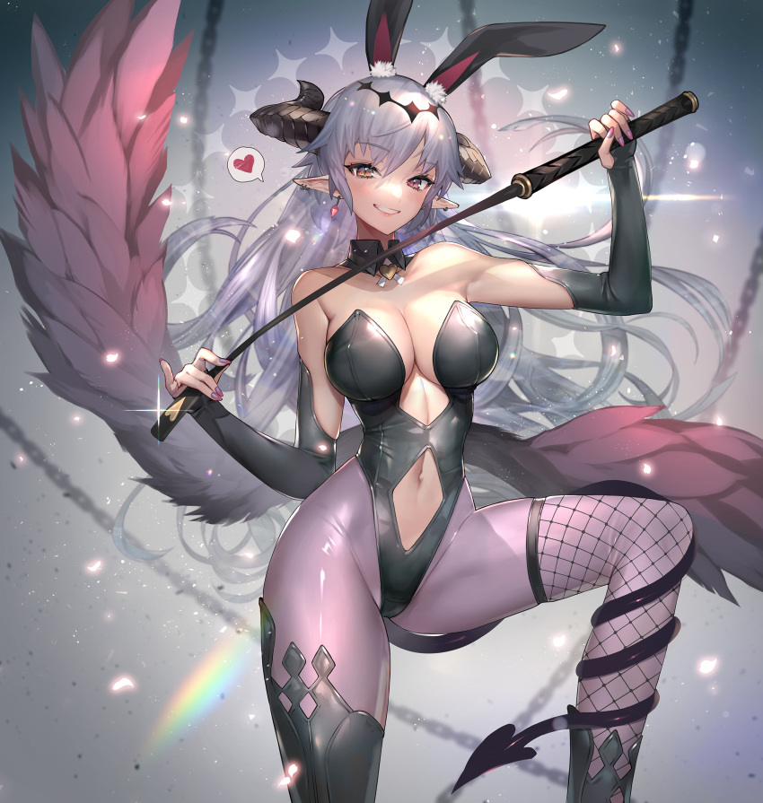 1girl absurdres animal_ear_fluff animal_ears asymmetrical_legwear bangs black_leotard black_thighhighs breasts cleavage clothing_cutout demon_horns demon_tail detached_collar ear_piercing earrings extra_ears fake_animal_ears fishnet_thighhighs fishnets grey_hair grin heart heterochromia highleg highleg_leotard highres hitowa holding holding_whip horns jewelry large_breasts leotard long_hair midriff mismatched_legwear navel original pantyhose piercing pointy_ears purple_pantyhose rabbit_ears red_eyes riding_crop smile solo spoken_heart stomach_cutout strapless strapless_leotard tail tail_around_leg thighhighs thighhighs_over_pantyhose thighs very_long_hair wings yellow_eyes