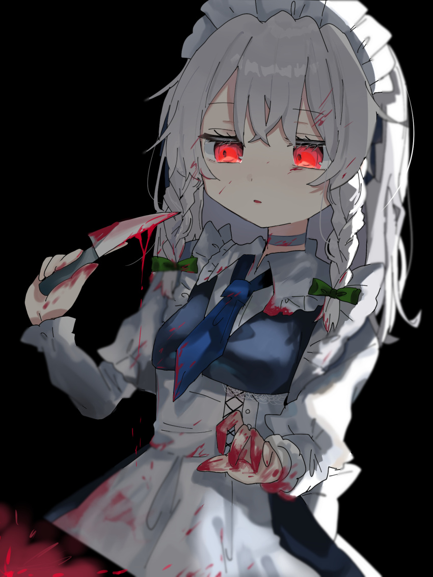 1girl apron bangs black_background blood blood_on_clothes blood_on_hands blood_on_knife blue_necktie bow braid breasts choker dress expressionless eyelashes frilled_shirt_collar frills green_bow hair_bow headdress highres holding holding_knife izayoi_sakuya knife long_hair long_sleeves maid maid_apron maid_headdress necktie parted_lips ramochi red_eyes sidelocks simple_background small_breasts solo touhou twin_braids white_choker white_dress white_hair