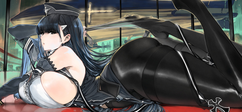 1girl absurdres aircraft ash_arms ass bangs bare_shoulders black_eyes black_hair black_pantyhose blunt_bangs breast_press breasts buttons city cityscape clothes_pull commentary_request commission covered_nipples cross detached_sleeves dirigible feet feet_up hair_ornament hairclip hat highres houden_eizou huge_ass huge_breasts indoors iron_cross long_hair looking_at_viewer looking_to_the_side lying me_262a_schwalbe_(ash_arms) military_hat no_bra on_stomach pantyhose pantyhose_pull parted_lips pulled_by_self shiny shiny_clothes shiny_legwear sideboob skeb_commission skyline solo thick_thighs thighband_pantyhose thighs very_long_hair window