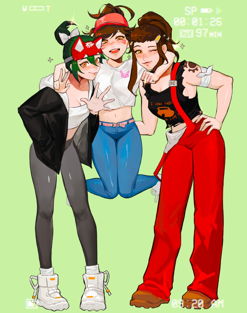 3girls absurdres arm_around_neck bandaged_arm bandages belt black_jacket black_leggings black_shirt boots bow breasts brigitte_(overwatch) brown_eyes brown_footwear brown_hair casual cleavage clenched_hand collarbone commentary cropped_shirt d.va_(overwatch) denim english_commentary fox_mask freckles full_body green_background green_hair hair_bow hair_pulled_back half_mask hand_up highres hood hood_down hooded_jacket jacket jeans jumping kiriko_(overwatch) leggings looking_at_viewer mask midriff multiple_girls navel one_eye_closed open_clothes open_jacket overalls overwatch overwatch_2 pants pink_belt ponytail red_overalls shirt shoes shoulder_tattoo sidelocks simple_background sleeveless sleeveless_shirt sneakers strapless suspenders_hanging t-shirt tattoo topknot tube_top viewfinder w white_bow white_footwear white_shirt white_tube_top yshua