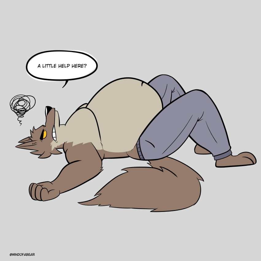 absurd_res angry belly big_belly canid canine canis dreamworks falling falling_over hi_res male mammal mindof moobs mr._wolf_(the_bad_guys) overweight overweight_male sweatpants the_bad_guys weight_gain wolf