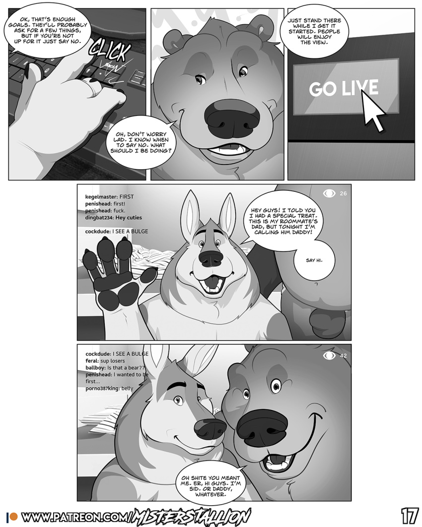 bulge canid canine canis clothing comic hi_res jockstrap male male/male mammal misterstallion underwear ursid wolf