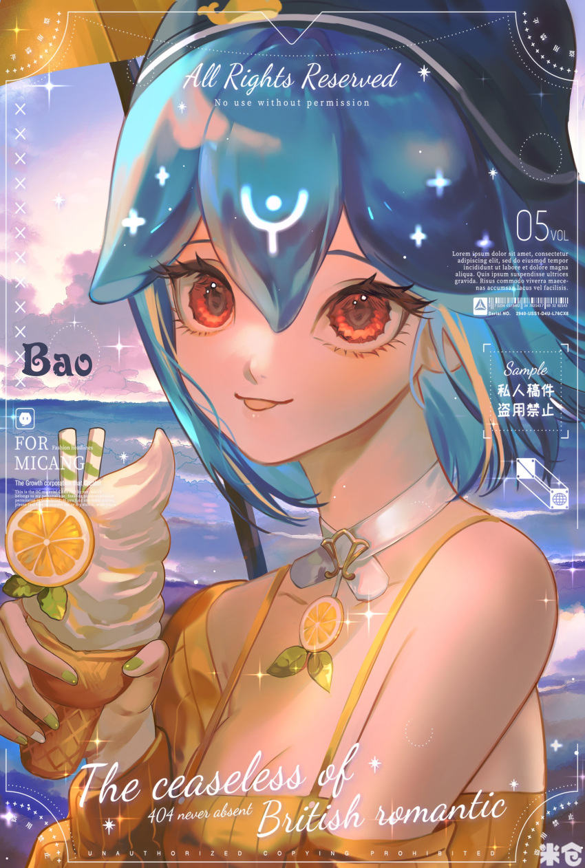 1girl absurdres bangs bao_(vtuber) blonde_hair blue_hair breasts camisole character_name choker cleavage cloud collarbone english_commentary english_text floating_hair food fruit highres holding_ice_cream indie_virtual_youtuber latin_text lemon lemon_slice lorem_ipsum mong_tuong_(tao) multicolored_hair ocean off_shoulder portrait sample_watermark short_hair sky small_breasts solo streaked_hair sweater tongue tongue_out virtual_youtuber water watermark white_choker yellow_camisole yellow_sweater