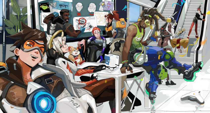 6+boys 6+girls absurdres ana_(overwatch) bamashengze baptiste_(overwatch) beard black_gloves black_jacket blonde_hair bodysuit bomber_jacket brigitte_(overwatch) brown_eyes brown_hair bulletin_board chest_harness commentary computer cup dark-skinned_female dark-skinned_male dark_skin dreadlocks earrings english_commentary escalator eye_of_horus facial_hair facial_tattoo fingerless_gloves fox_mask genji_(overwatch) gloves goggles grin hair_pulled_back half_mask hammond_(overwatch) hamster harness high_ponytail highres holding holding_cup indoors jacket jewelry kiriko_(overwatch) laptop long_hair looking_at_viewer looking_back looking_to_the_side lucio_(overwatch) mask mature_male mechanical_halo mercy_(overwatch) moira_(overwatch) multiple_boys multiple_girls muscular muscular_male old old_woman omnic one_eye_closed orange_goggles orange_hair overwatch overwatch_2 plant ponytail potted_plant short_hair shoulder_tattoo sidelocks sitting smile spiked_hair tattoo tracer_(overwatch) zenyatta_(overwatch)
