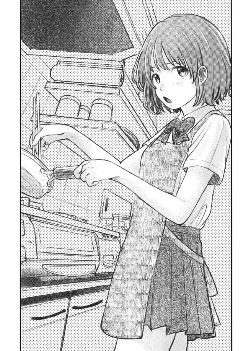 1girl apron chopsticks cooking greyscale highres holding holding_chopsticks idolmaster idolmaster_shiny_colors jar kitchen looking_to_the_side monochrome nanakusa_nichika open_mouth oven ribbon school_uniform shelf shirt short_hair short_sleeves skirt stove tanupon utensil white_shirt