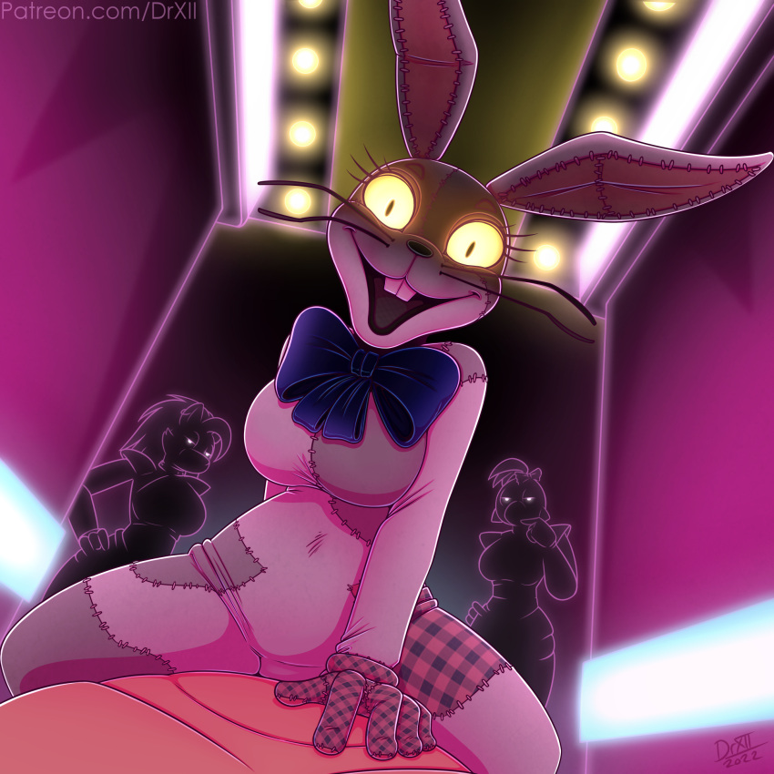 2022 animatronic anthro avian beak bird bow_tie breasts buckteeth bunny_costume canid canine canis chicken clothed clothing costume digital_media_(artwork) drxii duo_focus ear_piercing female five_nights_at_freddy's five_nights_at_freddy's:_security_breach galliform gallus_(genus) glamrock_chica_(fnaf) glowing glowing_eyes group hair hi_res human lagomorph leporid looking_at_viewer machine male male/female mammal open_mouth phasianid piercing rabbit robot roxanne_wolf_(fnaf) scottgames smile teeth vanny_(fnaf) video_games wolf