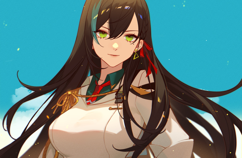 1girl bangs black_hair blue_hair breasts closed_mouth cloud day earrings english_commentary epaulettes green_eyes hair_between_eyes hair_ribbon highres jesse_(pixiv34586727) jewelry large_breasts lin_(tower_of_fantasy) long_hair looking_at_viewer mole mole_under_eye multicolored_hair necktie outdoors red_necktie red_ribbon ribbon single_epaulette sky solo streaked_hair tower_of_fantasy upper_body very_long_hair
