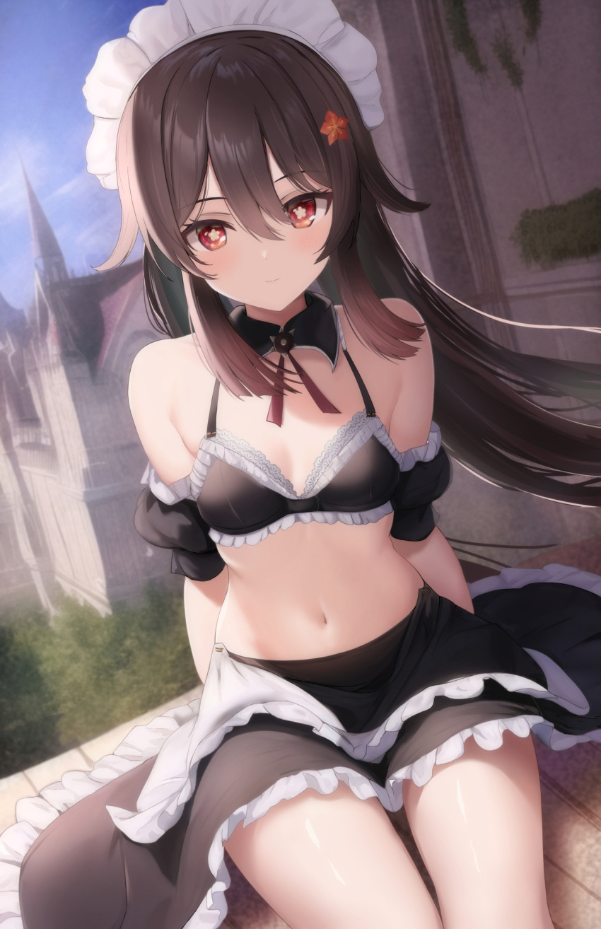 1girl ai-assisted alternate_costume apron bare_shoulders black_bra black_skirt blush bra breasts brown_hair castle cleavage frilled_bra frilled_skirt frills genshin_impact highres hu_tao_(genshin_impact) long_hair looking_at_viewer maid maid_apron maid_headdress midriff navel red_eyes sitting skirt sky small_breasts smile solo symbol-shaped_pupils takenoko_pengin thighs twintails underwear