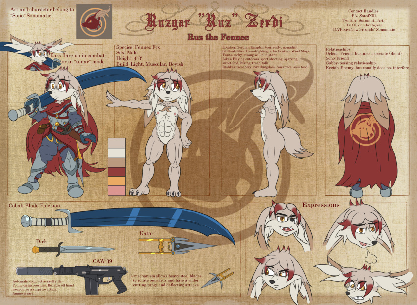 amber_eyes armor canid canine cape chest_tuft clothing dagger emblem fennec fox gun hi_res icon inner_ear_fluff invalid_tag katar knife knight long_ears male mammal melee_weapon model_sheet muscular ranged_weapon ruz_the_fennec safe_nudity short sword tuft warrior weapon