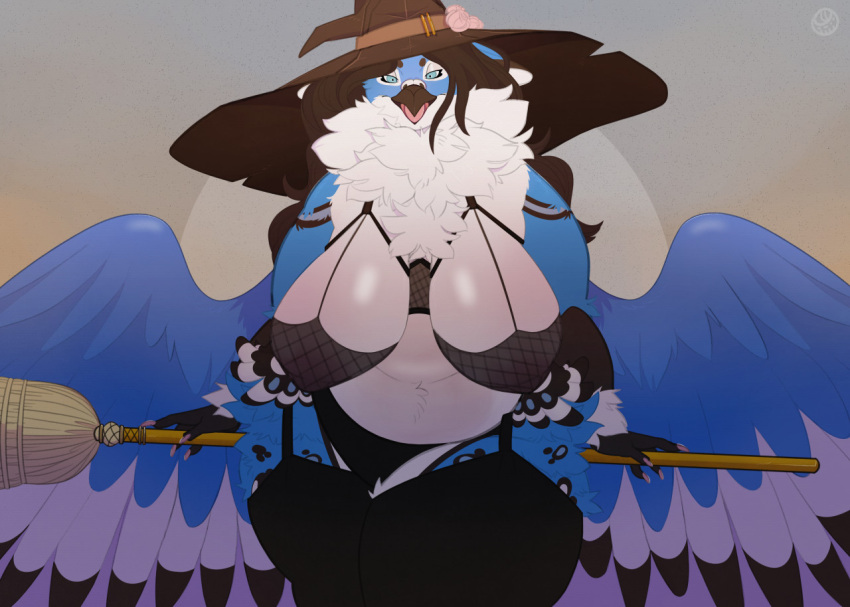 anthro avian beak big_breasts bird bra breasts broom canid canine cleaning_tool clothing columbid dove eliotak feathered_wings feathers female fox front_view garter_straps gryphon hat headgear headwear hybrid legwear lulu_(zerach) mammal mythological_avian mythology neck_tuft open_mouth overweight overweight_anthro overweight_female solo thick_thighs thigh_highs tuft underwear wide_hips wings witch_costume witch_hat