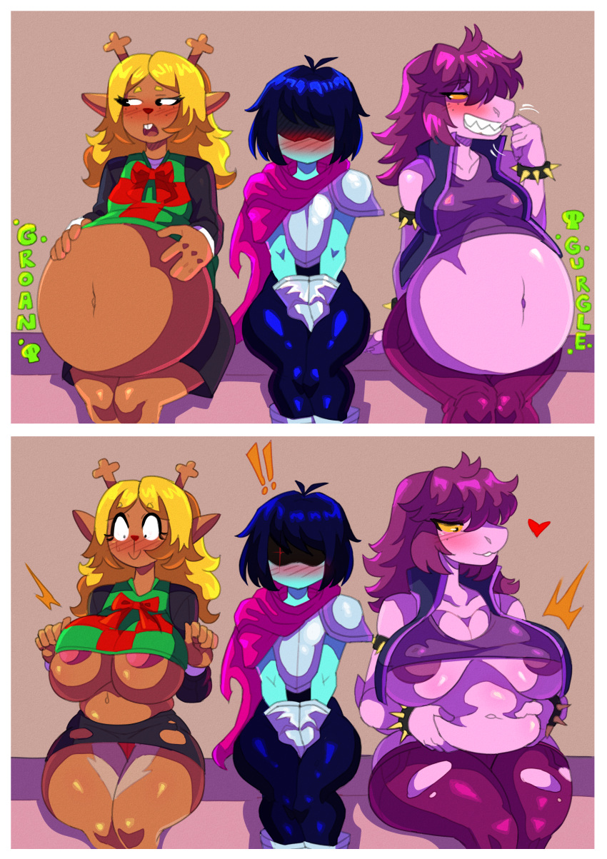 absurd_res after_vore anthro areola areola_slip armor belly big_belly big_breasts bloated blushing_profusely bottomwear breast_envy breasts cape capreoline cervid clothing constricted_pupils crop_top deltarune digestion digestion_noises female female_pred group hi_res hidden_eyes hiding_erection holding_breast human kris_(deltarune) looking_aside male mammal medium_breasts navel noelle_holiday onomatopoeia pauldron picking_teeth pupils reindeer reptile scalie shirt skirt small_pupils sound_effects stuffing sunnyhero surprise susie_(deltarune) text topwear torn_clothing trio under_boob undertale_(series) vest video_games vore wide_hips