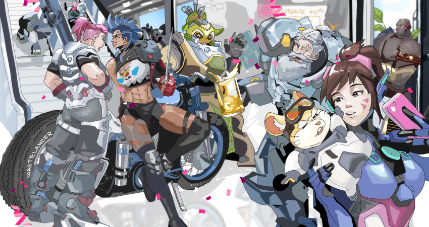 4girls 6+boys absurdres alcohol angry armor armored_boots bald bamashengze bare_shoulders beard beer blue_hair bodysuit boots braid breasts brown_hair cellphone cheek_poking combat_knife commentary cup cyborg d.va_(overwatch) dark-skinned_male dark_skin doomfist_(overwatch) elbow_pads english_commentary escalator facial_hair facial_mark gas_mask glasses gorilla ground_vehicle hammond_(overwatch) hands_on_own_thighs high_ponytail highres holding holding_cup holding_phone holding_weapon indoors junker_queen_(overwatch) knife large_breasts lip_piercing long_hair looking_at_another mask mohawk motor_vehicle motorcycle multiple_boys multiple_girls muscular muscular_female old old_man omnic orisa_(overwatch) overwatch overwatch_2 phone piercing pilot_suit pink_hair poking power_fist reinhardt_(overwatch) roadhog_(overwatch) robot scar scar_across_eye selfie short_hair side_braid sigma_(overwatch) smartphone torn_clothes very_dark_skin waving weapon whisker_markings white_hair winston_(overwatch) zarya_(overwatch)