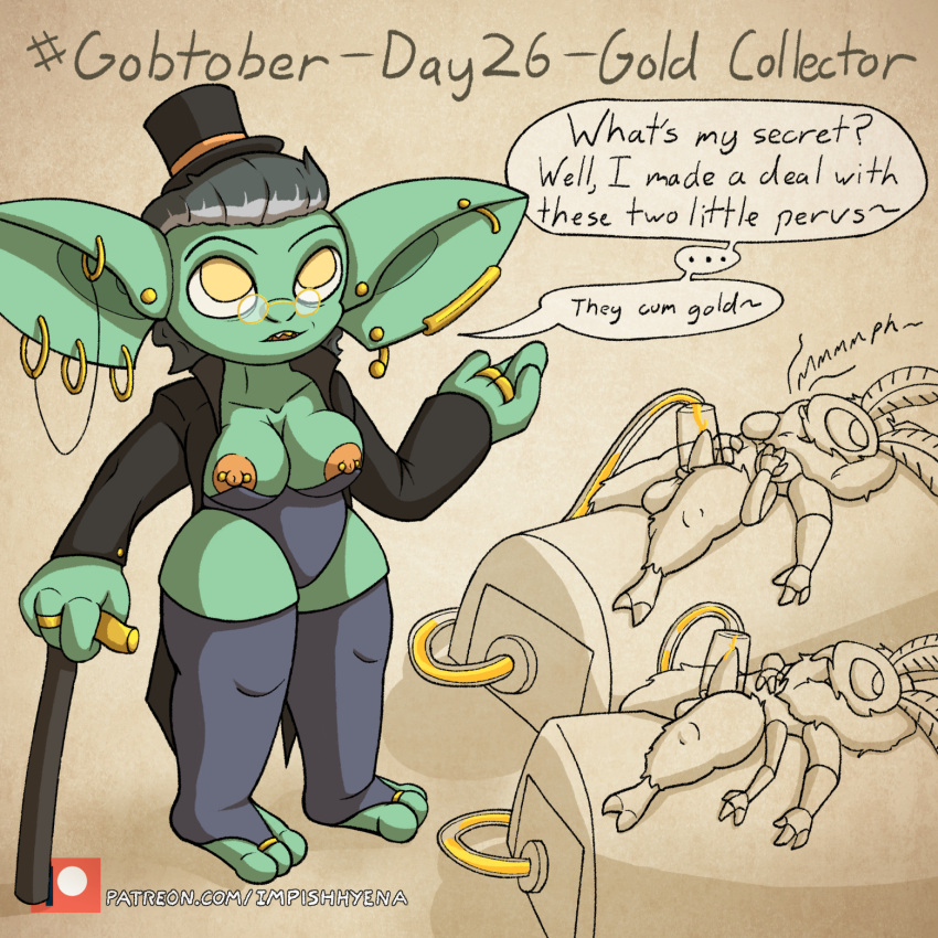 antennae_(anatomy) anthro arthropod balls big_breasts big_ears bodily_fluids breasts cane chain chest_tuft clothed clothing colored_cum cum dialogue ear_piercing english_text erect_nipples eyewear female fluffy genital_fluids genitals glasses goblin gobtober gobtober_2022 gold_(metal) gold_jewelry green_body grey_hair group gynomorph hair hat headgear headwear hi_res humanoid impishhyena insect intersex jacket jewelry leggings legwear lepidopteran machine male milking_machine moth nipple_piercing nipples open_clothing open_jacket open_topwear penile penis penis_milking piercing piercings_everywhere ring short_stack size_difference spread_legs spreading tapering_penis text thick_arms thick_thighs top_hat topwear trio tube tuft unusual_bodily_fluids unusual_cum unusual_genital_fluids wide_hips yellow_cum yellow_eyes