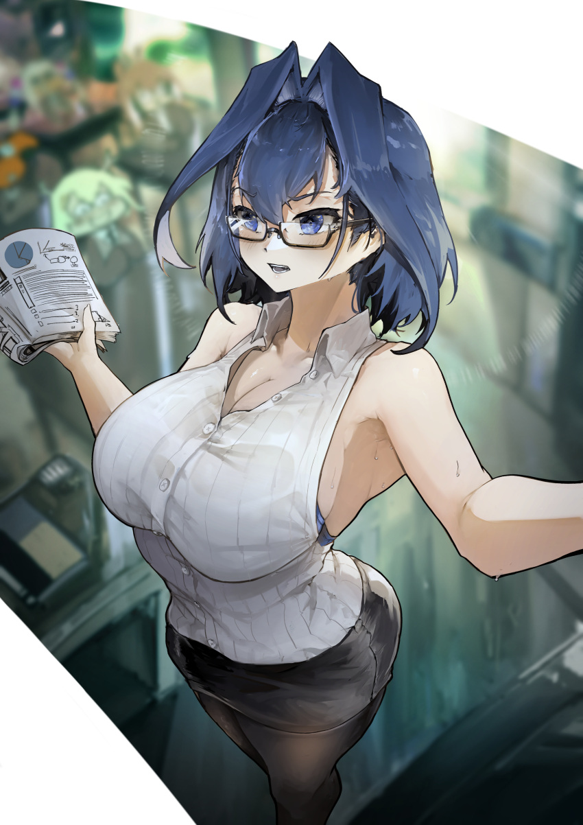 1girl absurdres armpits bangs blue_eyes blurry blurry_background blush book breasts cleavage collared_shirt hair_intakes highres holding holding_book hololive hololive_english large_breasts open_mouth ouro_kronii pantyhose pencil_skirt semi-rimless_eyewear shirt short_hair skirt sleeveless sleeveless_shirt sweat teacher virtual_youtuber vyragami