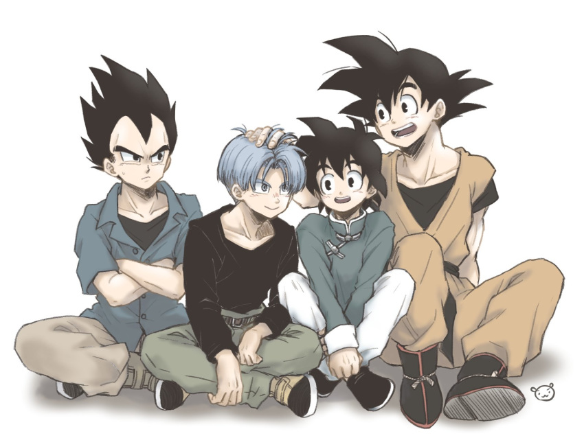 4boys ayata_1010 black_eyes black_footwear black_hair black_shirt blue_hair boots chinese_clothes crossed_arms dougi dragon_ball dragon_ball_super dragon_ball_super_super_hero father_and_son hand_in_another's_hair highres looking_at_another male_focus multiple_boys open_mouth saiyan shirt short_hair simple_background sitting smile son_goku son_goten spiked_hair trunks_(dragon_ball) vegeta white_background