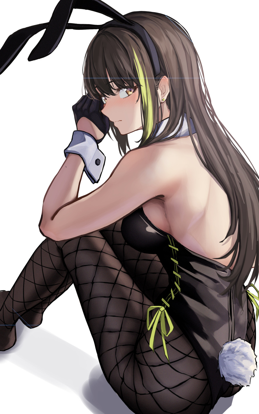 1girl 3_small_spiders absurdres animal_ears ass black_gloves black_hairband black_leotard black_pantyhose brown_eyes brown_hair commentary_request fake_animal_ears fishnet_pantyhose fishnets from_behind girls'_frontline gloves green_hair hairband half_gloves highres leotard long_hair looking_at_viewer looking_back m4a1_(girls'_frontline) multicolored_hair no_shoes pantyhose playboy_bunny rabbit_ears rabbit_tail shadow sitting solo strapless strapless_leotard streaked_hair tail very_long_hair white_background wrist_cuffs