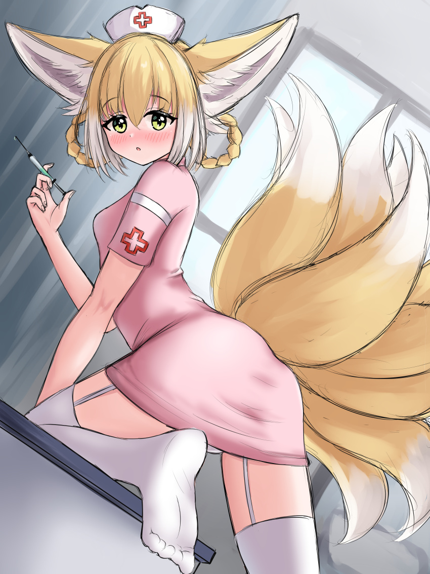 1girl :o absurdres animal_ears arknights ass bangs blonde_hair blush braid breasts commentary curtains day dress english_commentary fox_ears fox_girl fox_tail garter_straps green_eyes hair_between_eyes hair_rings hat highres holding holding_syringe indoors kyuubi looking_at_viewer looking_to_the_side multicolored_hair multiple_tails no_shoes nurse nurse_cap panties parted_lips pink_dress rylaera short_sleeves small_breasts soles solo suzuran_(arknights) syringe tail thighhighs twin_braids two-tone_hair underwear white_hair white_headwear white_panties white_thighhighs window