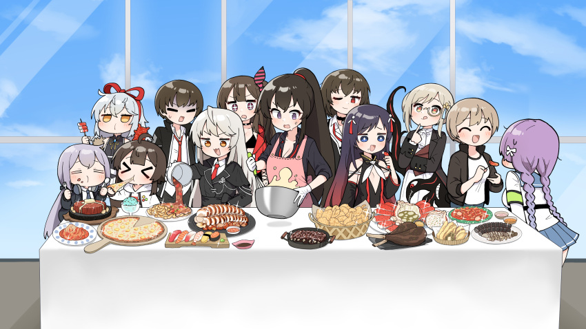 &gt;_&lt; 1boy 6+girls absurdres ahoge apron ascot bangs bare_shoulders black_choker black_coat black_hair black_jacket black_shorts blue_eyes braid breasts brown_hair choker cleavage closed_eyes coat cooking counter:side day detached_sleeves eating edel_meitner food food_request fork gaeun_(counter:side) gloves gradient_hair hair_ornament han_sorim heart heart-shaped_pupils highres hilde_(counter:side) holding holding_food holding_fork holding_pizza holding_spoon holding_whisk jacket joo_shiyoon joo_shiyoung junsuina_fujunbutsu kang_soyoung lee_yumi_(counter:side) licking_lips long_hair loose_necktie lumi_(counter:side) monocle multicolored_hair multiple_girls necktie official_art one_eye_closed open_clothes open_coat open_collar open_jacket open_mouth orange_eyes pink_apron pizza ponytail purple_eyes purple_hair red_eyes red_necktie rosaria_le_friede_(counter:side) shaded_face shirt short_hair shorts smile spoon steak sushi symbol-shaped_pupils tentacles tongue tongue_out twin_braids untucked_shirt whisk white_gloves white_hair white_shirt yang_harim yoo_mina