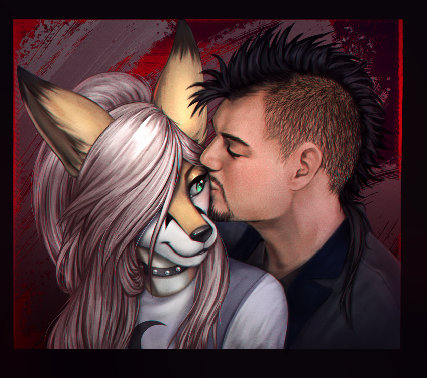 absurd_res anthro blush canid canine drjdfh duo fay_(fennythefox) female fennec fenny_(fennythefox) fox hi_res human kissing male male/female mammal romantic romantic_couple