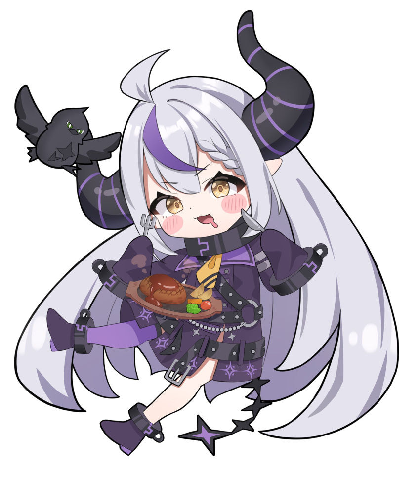 1girl :3 :d ahoge bangs belt bird blush_stickers braid braided_bangs chibi collar commentary crow_(la+_darknesss) drooling food fork highres holding holding_fork holding_knife hololive horns knife la+_darknesss metal_collar mouth_drool multicolored_hair open_mouth purple_hair simple_background sleeves_past_fingers sleeves_past_wrists smile solo steak streaked_hair striped striped_thighhighs tail taro._(tataroro_1) thighhighs two-tone_hair v-shaped_eyebrows vertical-striped_thighhighs vertical_stripes very_long_sleeves virtual_youtuber white_background white_hair yellow_eyes